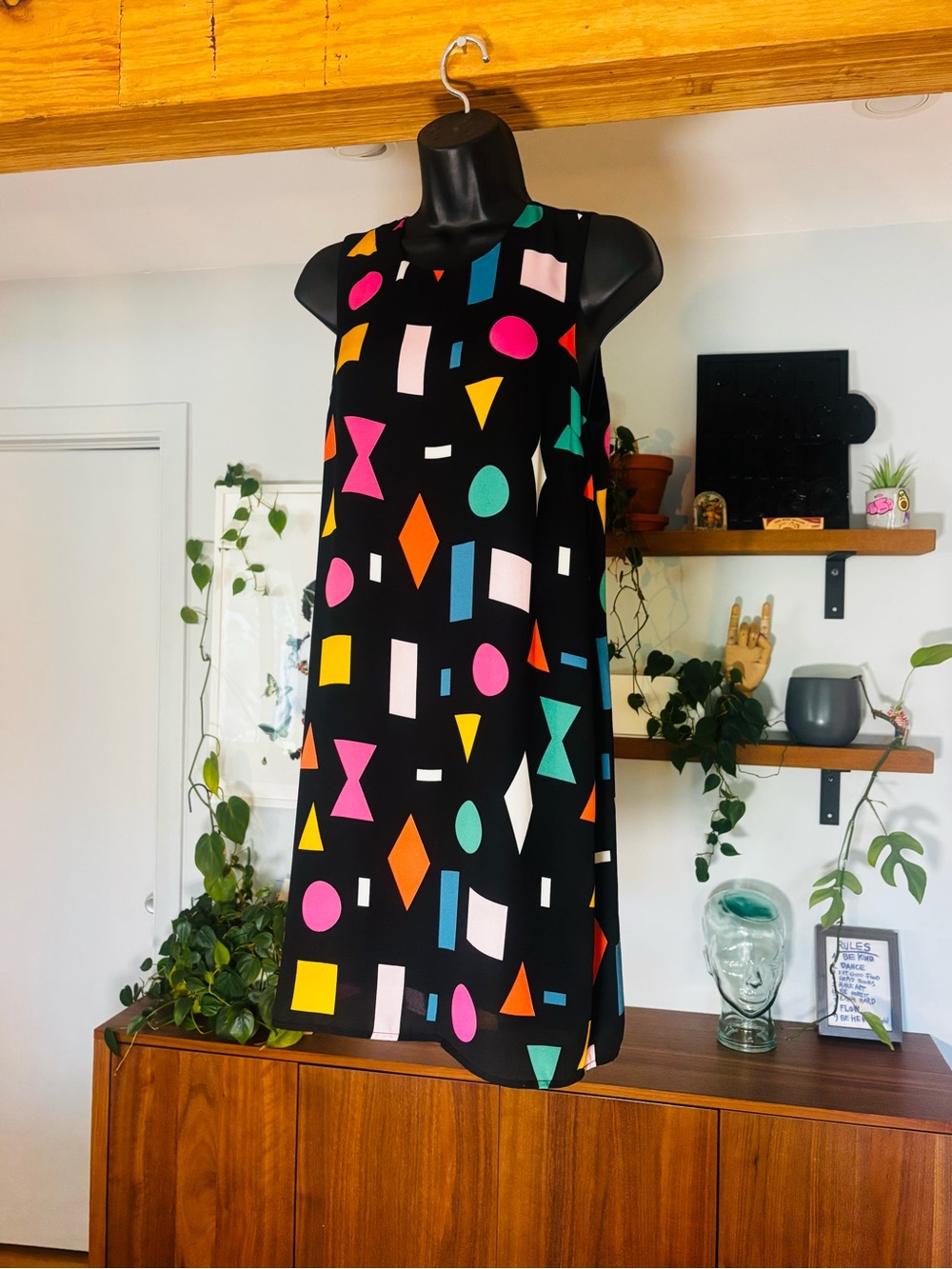 TWIK Colorful 80s Vibe Geometric Pattern Shift Dress - Small